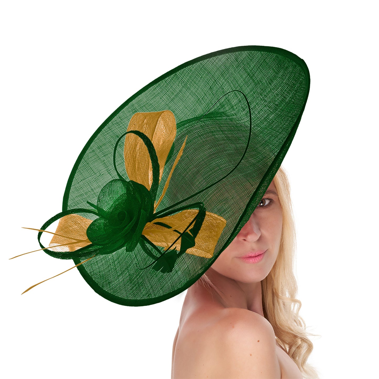 Emerald Green Mustard Mix 41cm Large SInamay Hatinator Disc Saucer Brim Hat Fascinator on Headband