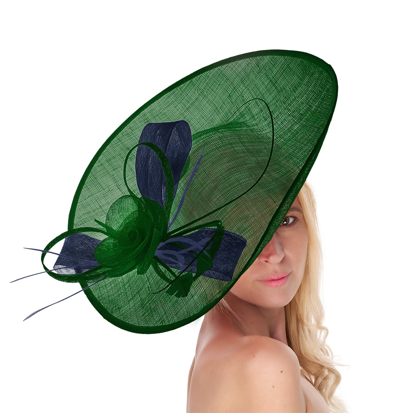 Emerald Green Navy Mix 41cm Large SInamay Hatinator Disc Saucer Brim Hat Fascinator on Headband
