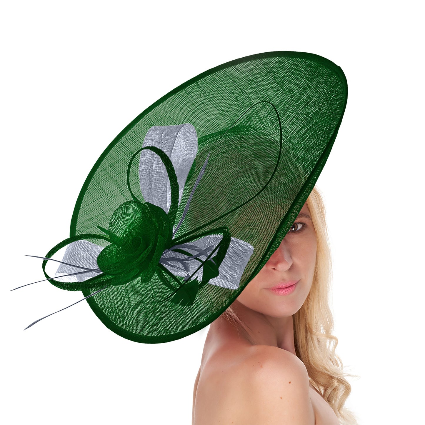 Emerald Green Silver Mix 41cm Large SInamay Hatinator Disc Saucer Brim Hat Fascinator on Headband