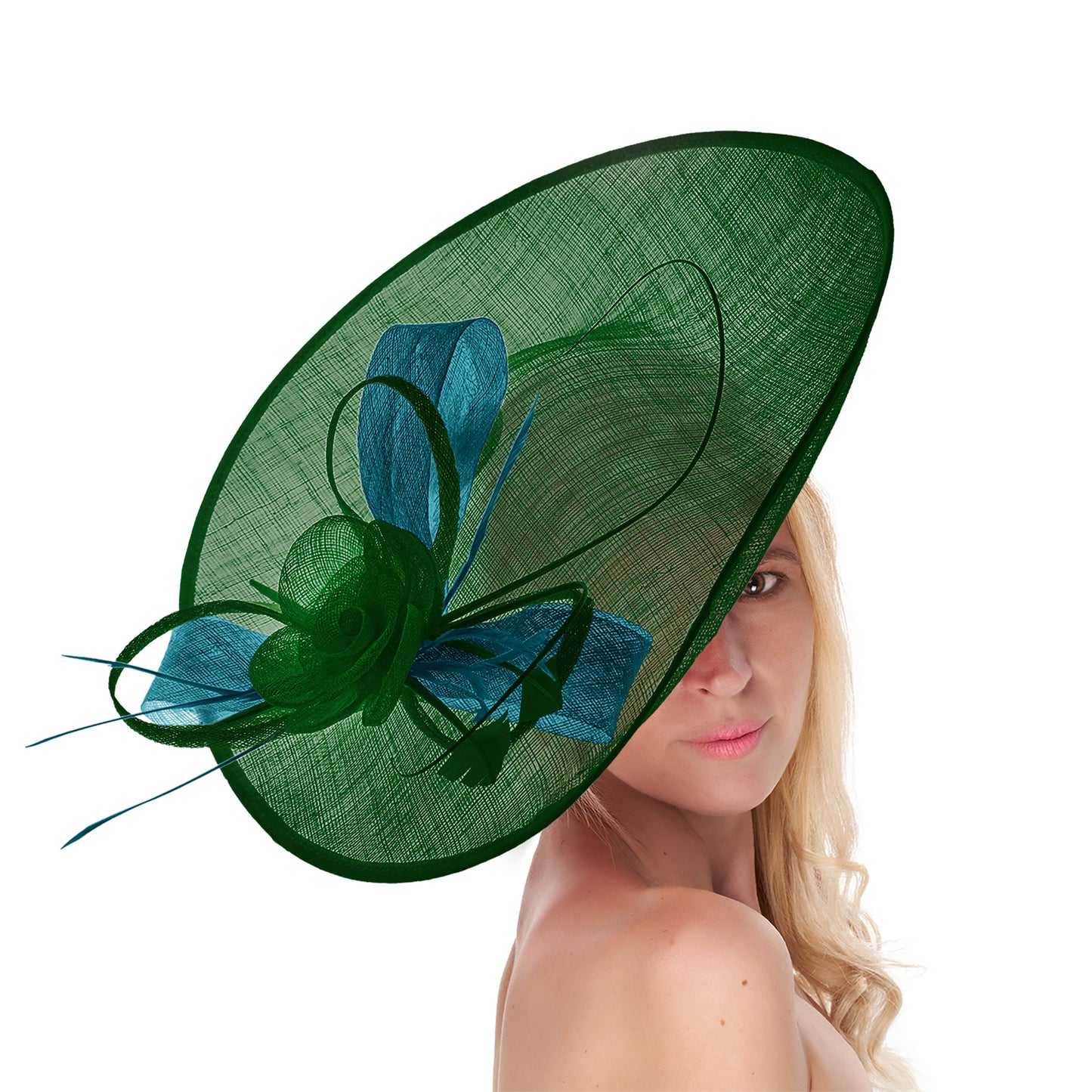 Emerald Green Teal Mix 41cm Large SInamay Hatinator Disc Saucer Brim Hat Fascinator on Headband