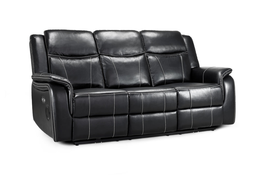 Galaxy Tech 3-Seater Electric Recliner: Black Leather, USB Charging, Cupholders