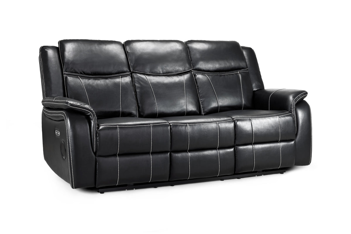 Galaxy Tech 3-Seater Electric Recliner: Black Leather, USB Charging, Cupholders