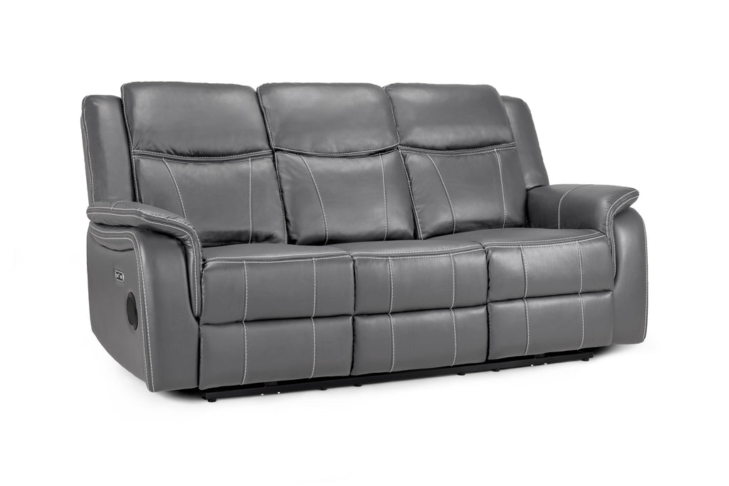 Galaxy Tech Electric Recliner 3-Seater Sofa, Grey Leather, USB Ports & Storage