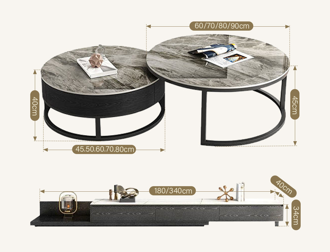 Gibs Nesting Coffee Table With TV Stand Set, Sintered Stone