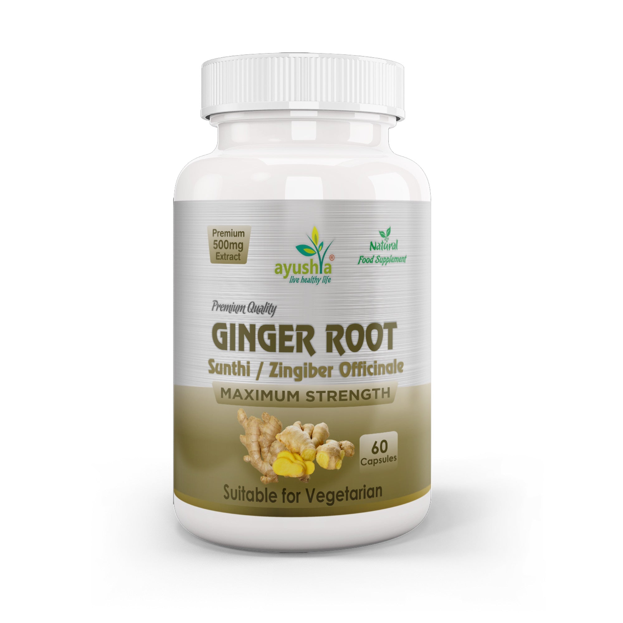 Ayushya Ginger Capsules (Adrak, Sunthi) Digestive Comfort Support - Vegan, Gluten Free, Non-GMO, 60 Capsules