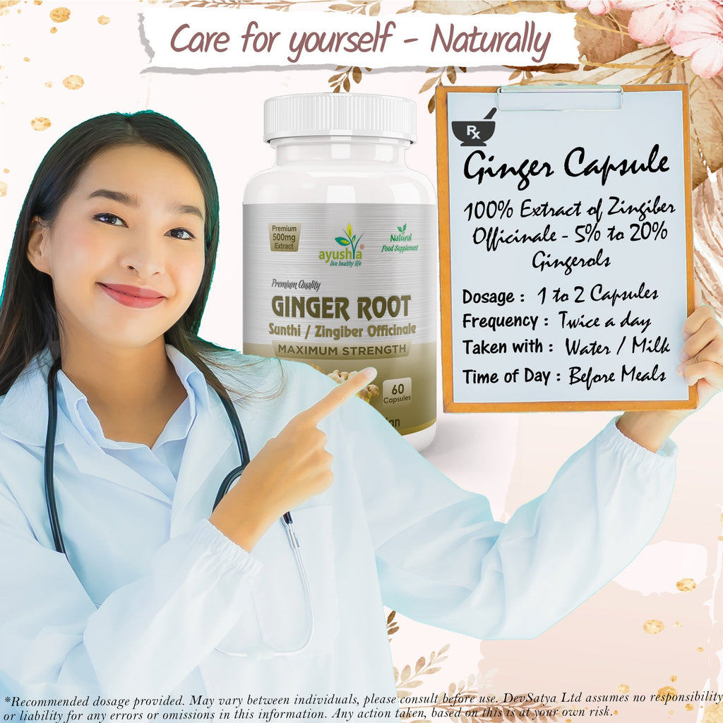 Ayushya Ginger Capsules (Adrak, Sunthi) Digestive Comfort Support - Vegan, Gluten Free, Non-GMO, 60 Capsules