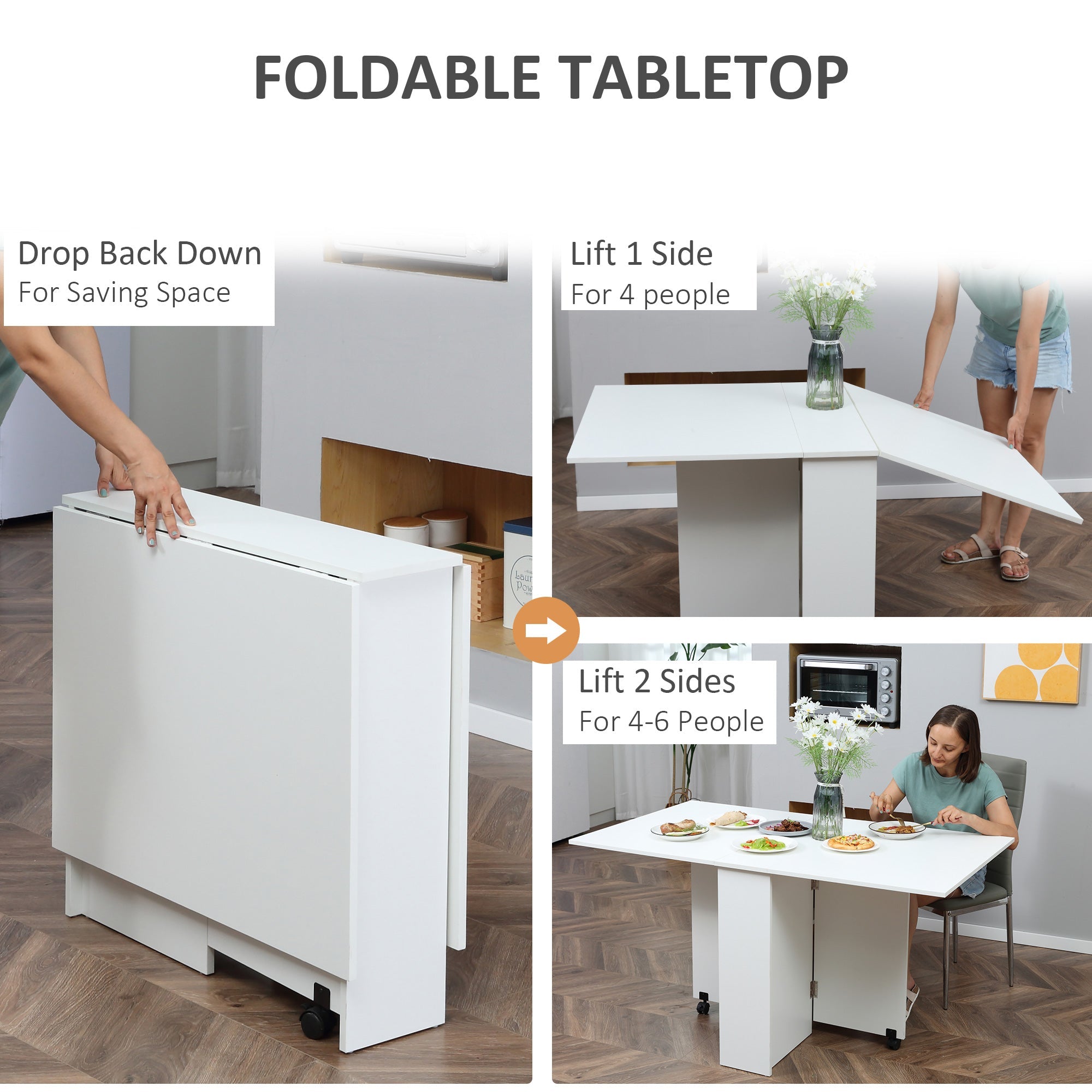 HOMCOM Mobile Drop Leaf Dining Table Folding Desk w/ 2 Wheels White