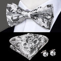 Gray Floral Design Silk Bow Tie - With Matching Cufflinks & Pocket Square