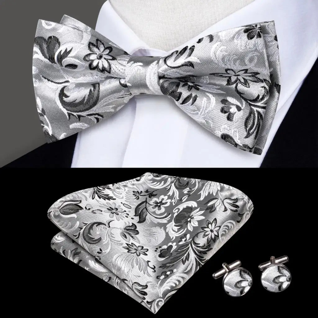 Gray Floral Design Silk Bow Tie - With Matching Cufflinks & Pocket Square
