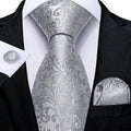 Gray Floral Silk Tie - With Matching Cufflinks & Pocket Square