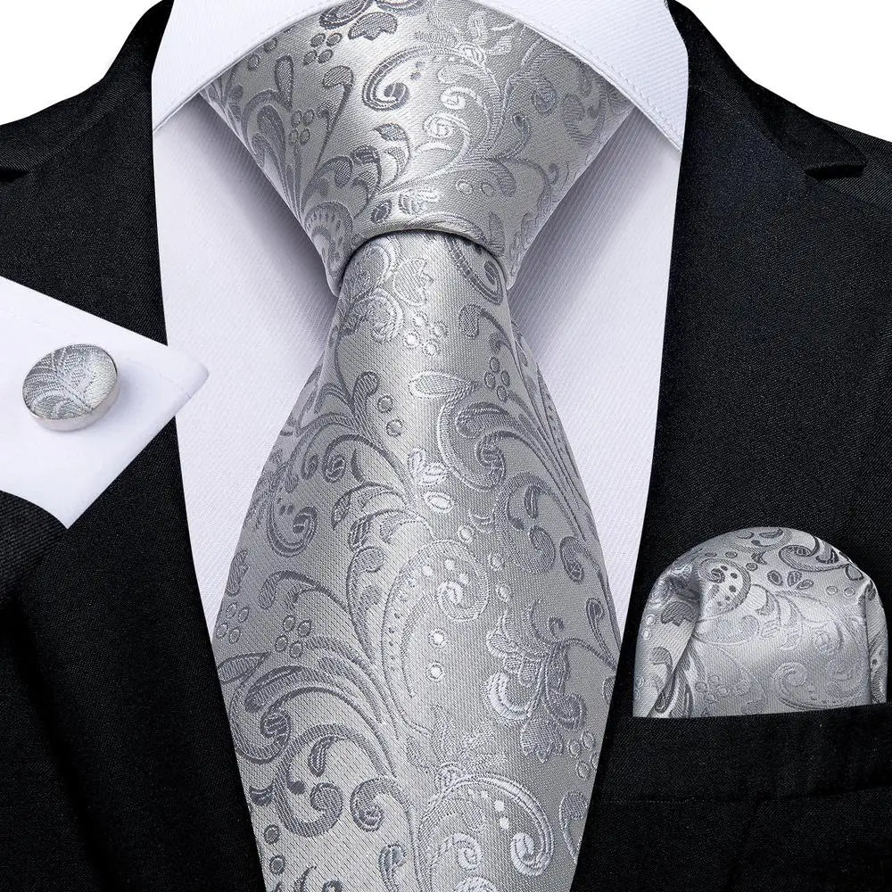 Gray Floral Silk Tie - With Matching Cufflinks & Pocket Square