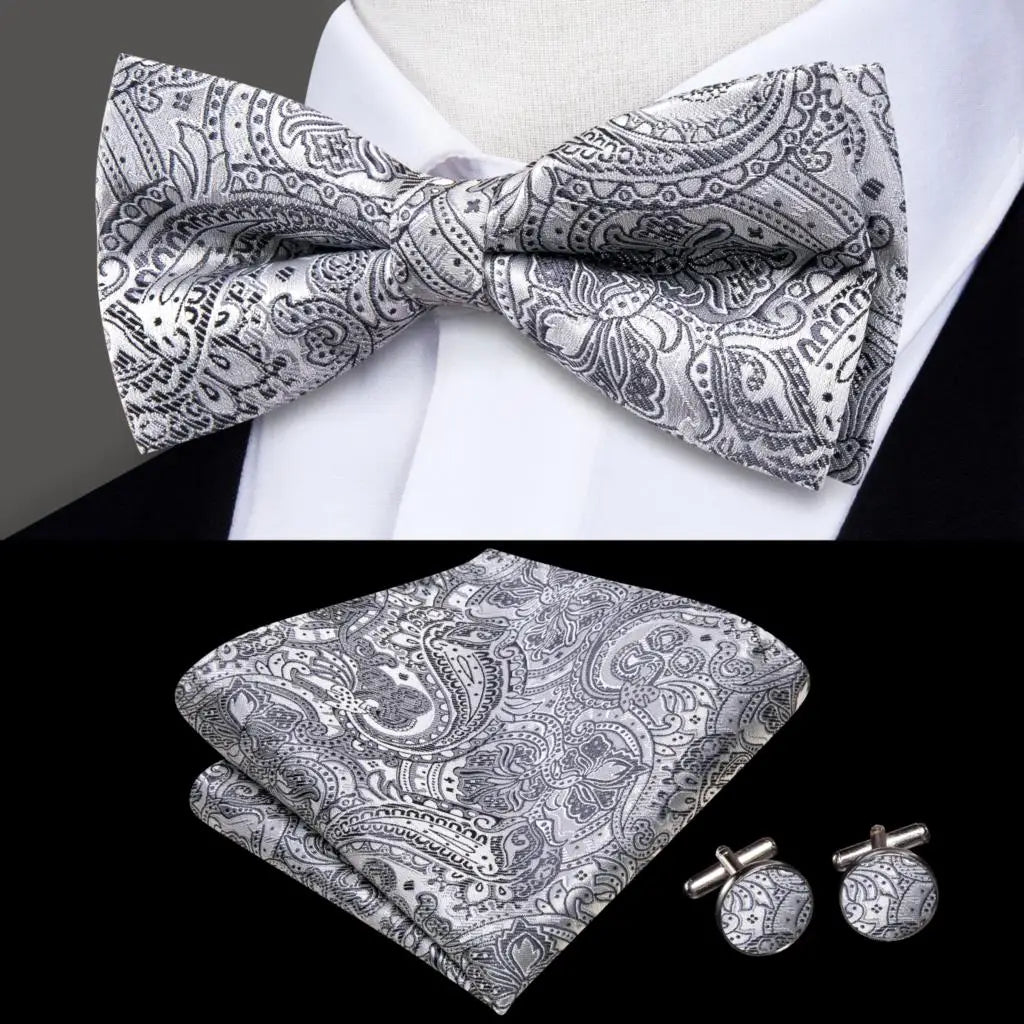 Gray Paisley Silk Bow Tie - With Matching Cufflinks & Pocket Square