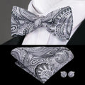 Gray Paisley Bow Silk Tie - With Matching Cufflinks & Pocket Square