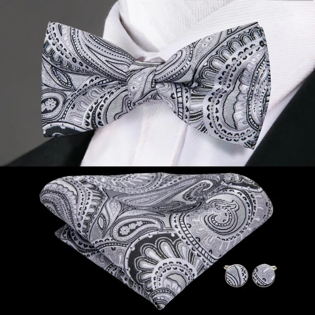 Gray Paisley Bow Silk Tie - With Matching Cufflinks & Pocket Square