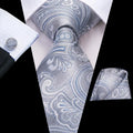Gray and Blue Paisley Silk Tie - With Matching Cufflinks & Pocket Square