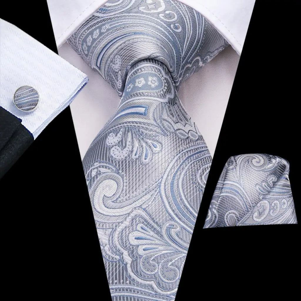 Gray and Blue Paisley Silk Tie - With Matching Cufflinks & Pocket Square