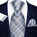 Gray and Blue Striped Silk Tie - With Matching Cufflinks & Pocket Square