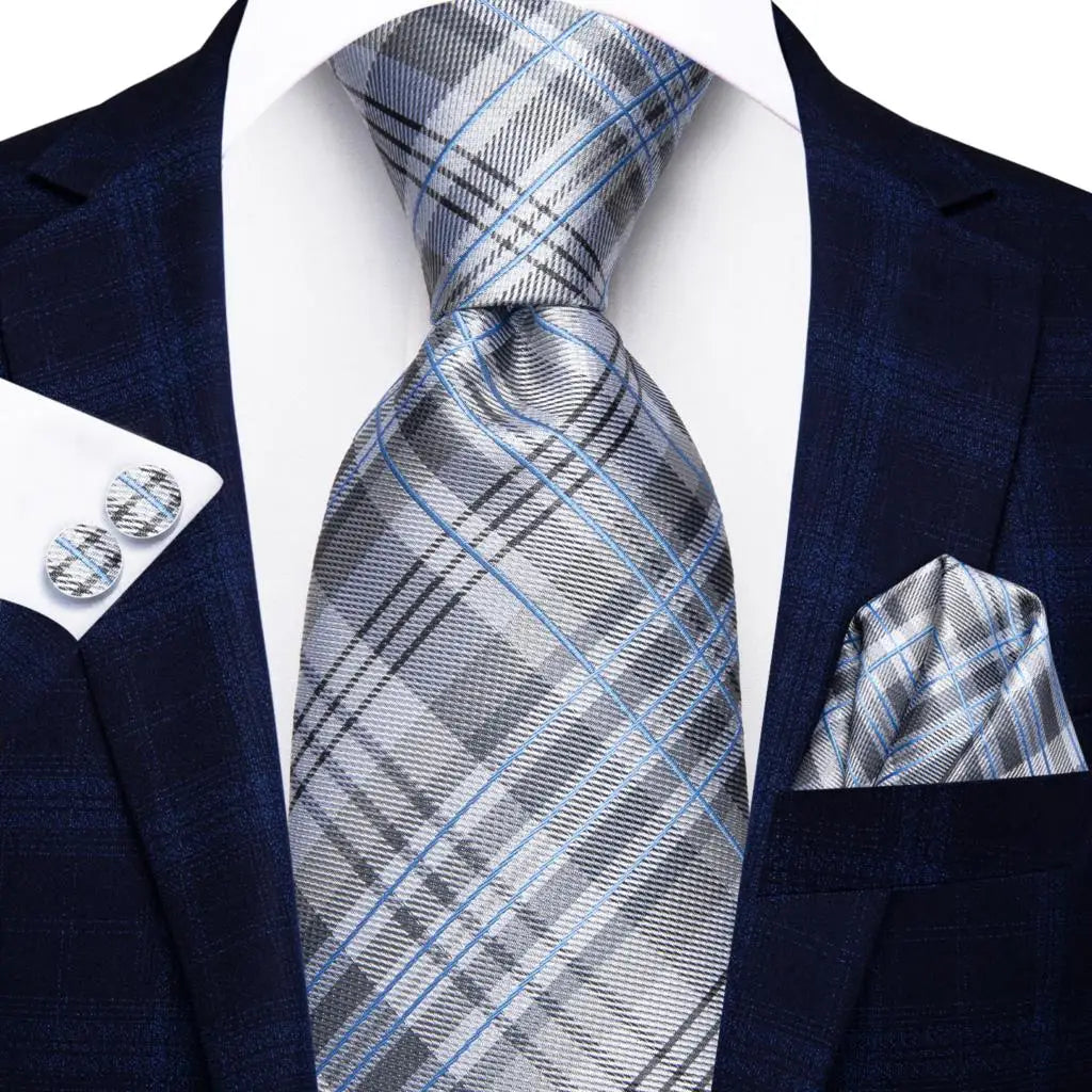 Gray and Blue Striped Silk Tie - With Matching Cufflinks & Pocket Square