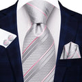 Gray and Pink Striped Silk Tie - With Matching Cufflinks & Pocket Square
