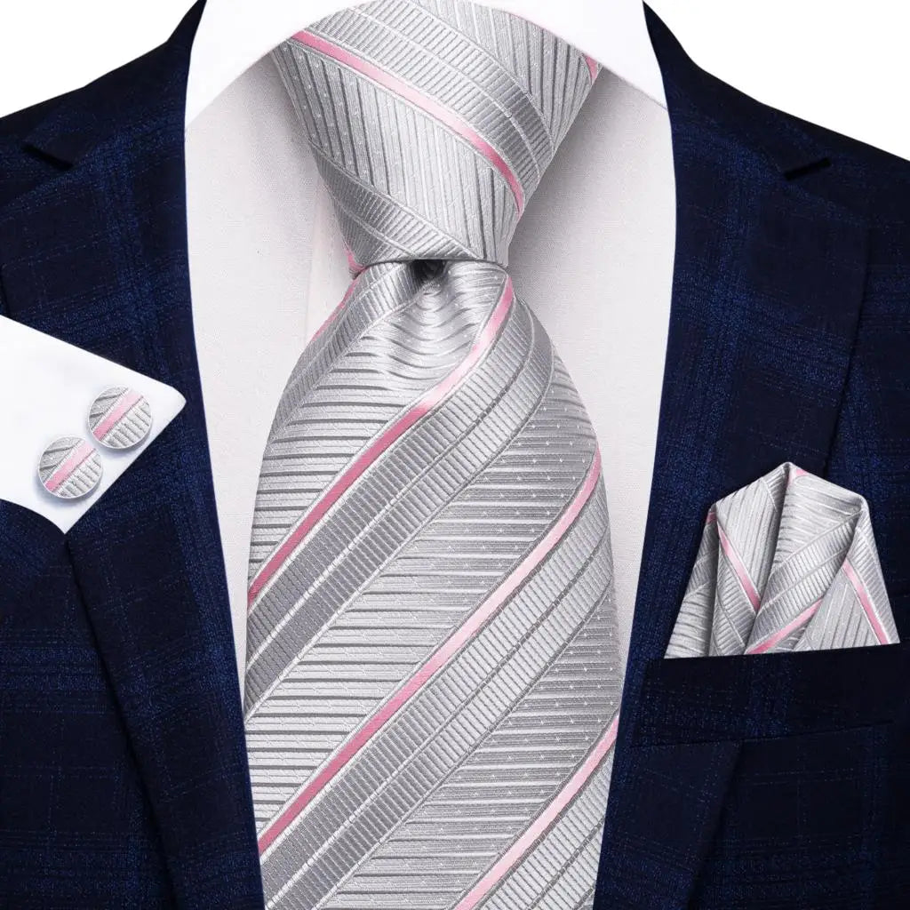 Gray and Pink Striped Silk Tie - With Matching Cufflinks & Pocket Square