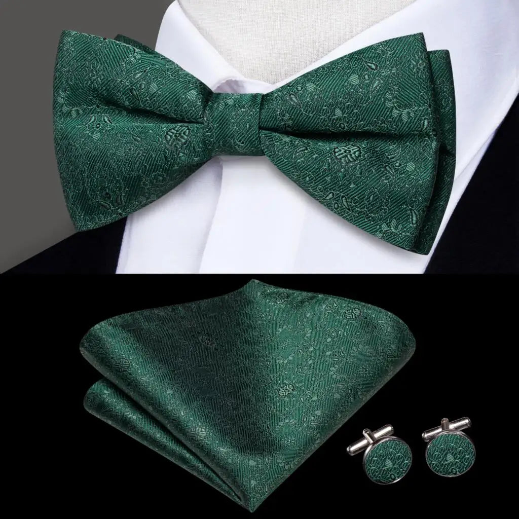 Green Floral Silk Bow Tie - With Matching Cufflinks & Pocket Square