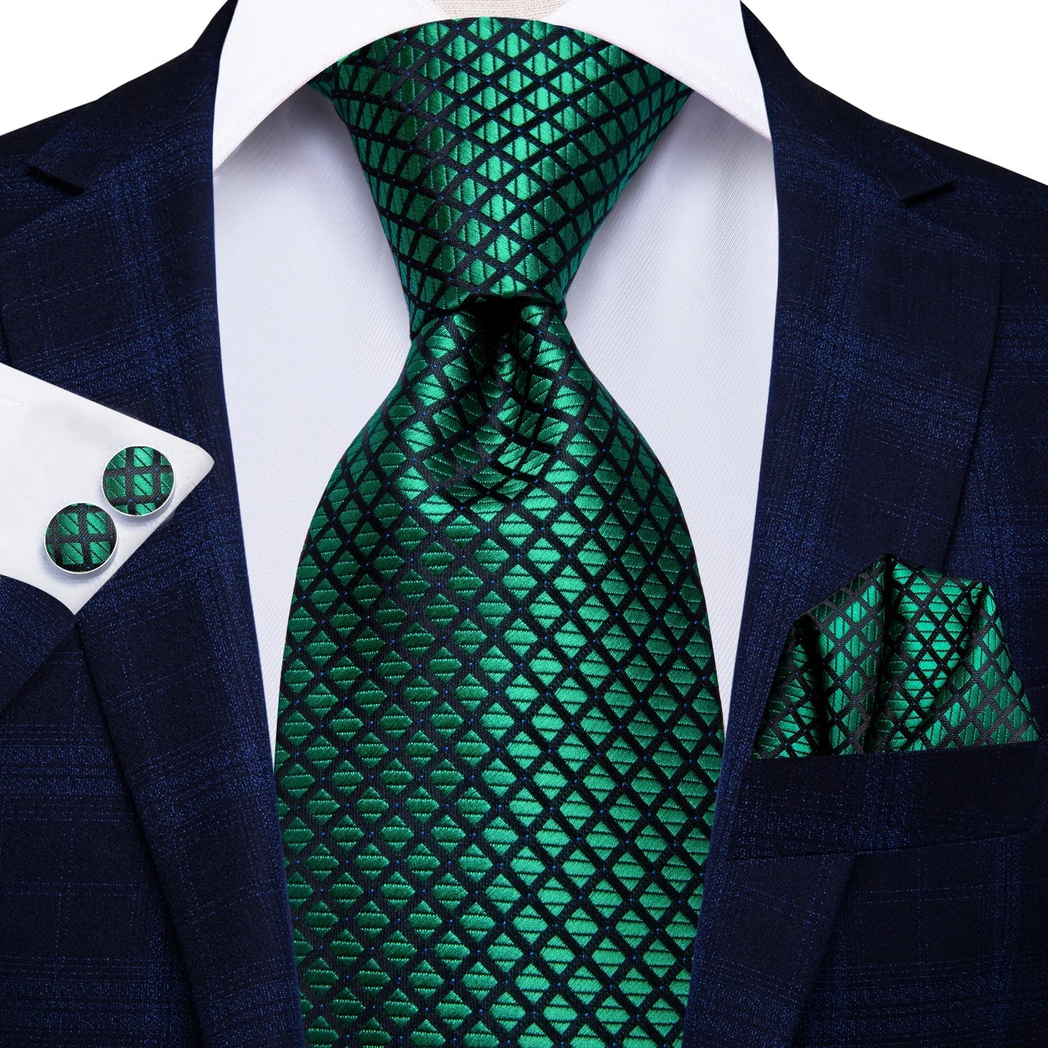 Green Geometric Silk Tie - With Matching Cufflinks & Pocket Square
