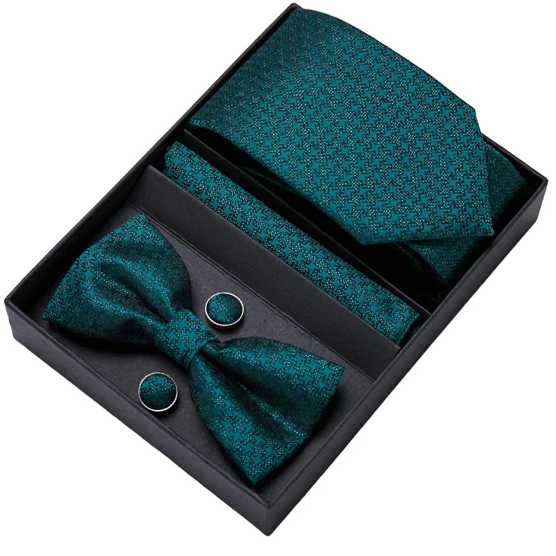 Men's Gift Set - Green Textured Design Tie, Bow Tie, Pocket Square and Cuff Links