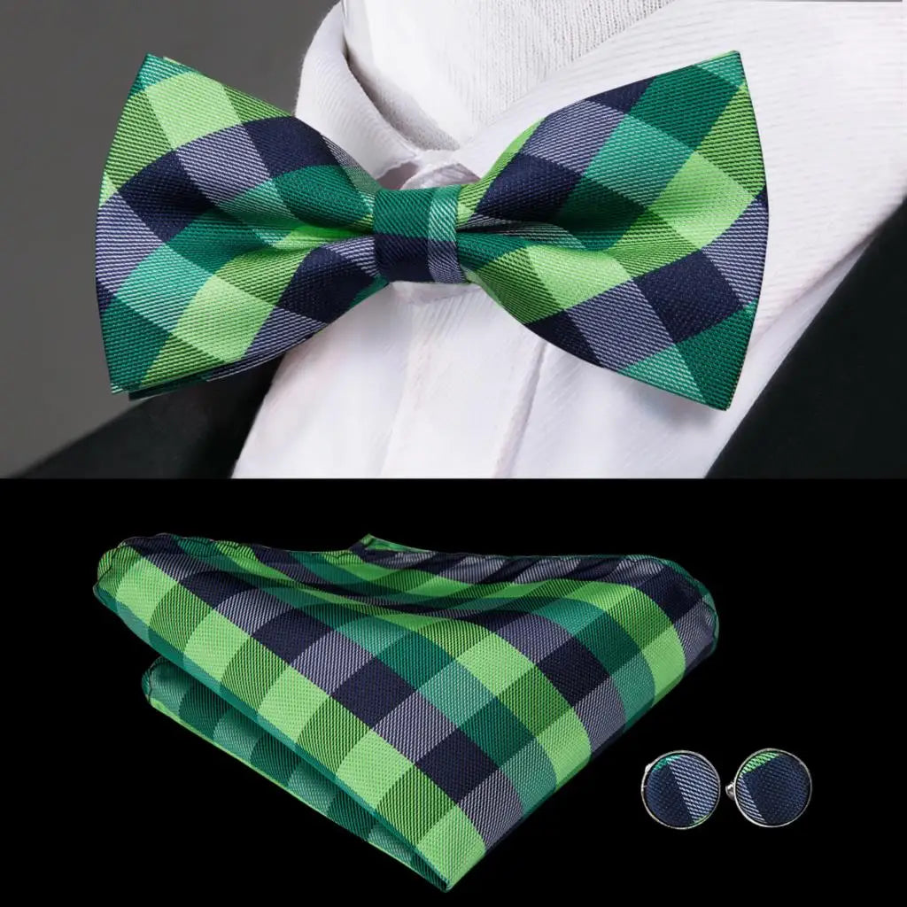 Green and Blue Check Silk Bow Tie - With Matching Cufflinks & Pocket Square