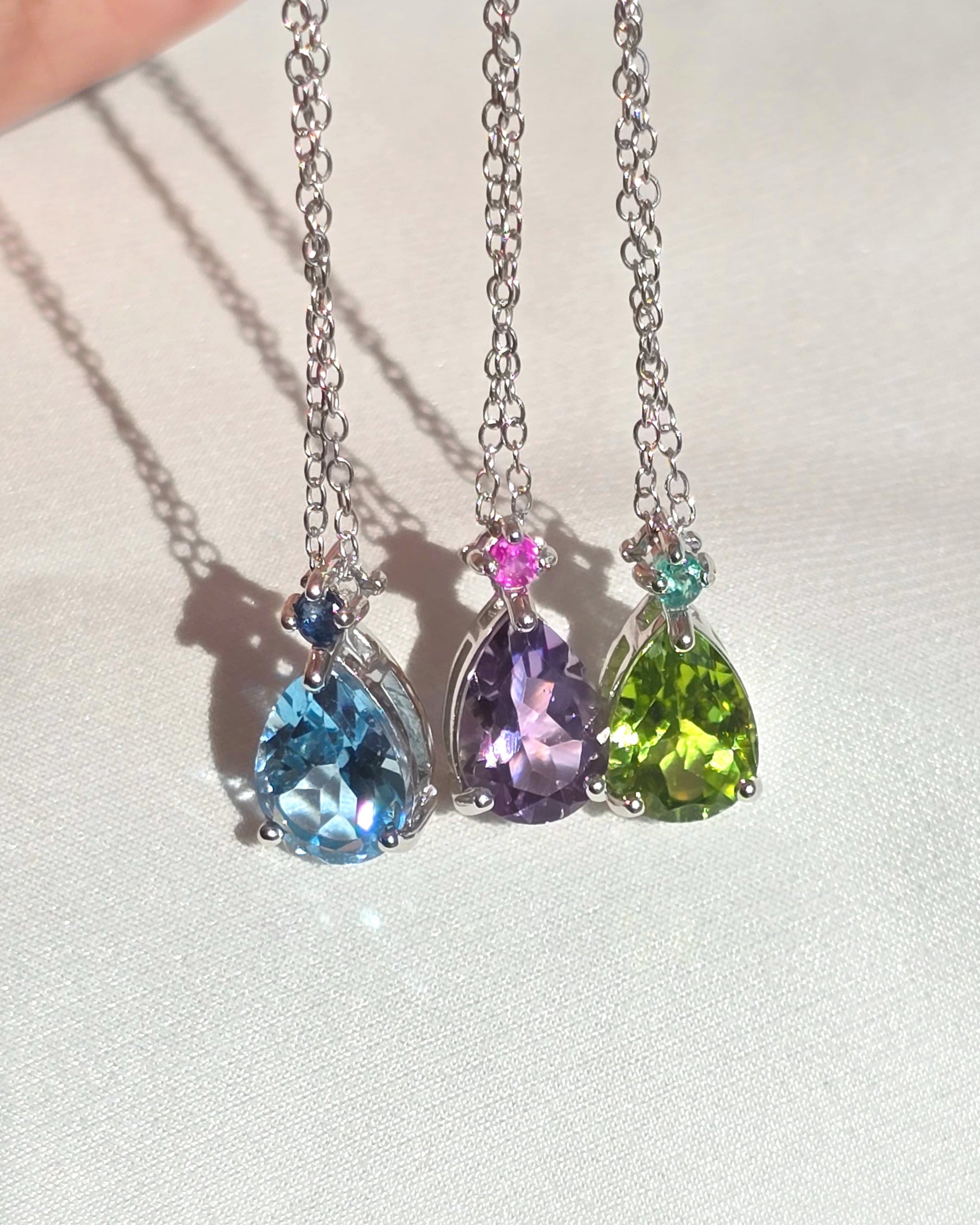 Pink Ruby & Amethyst Pear Cut Pendant Necklace in Sterling Silver