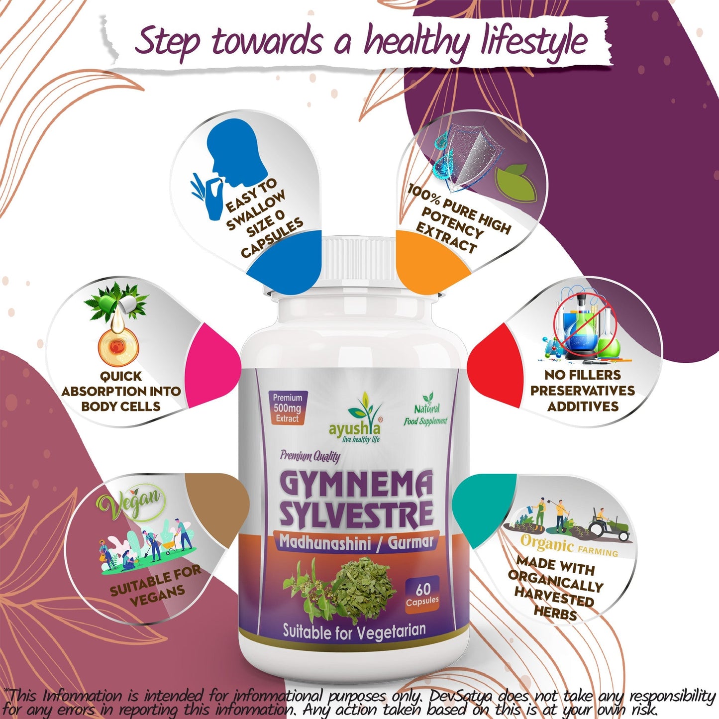 Ayushya Gymnema Sylvestre with Black Pepper Capsules (Madhunaashini, Gurmar) Glucose Wellness Support - Vegan, Gluten Free, Non-GMO, 60 Capsules