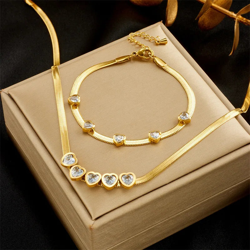 Fashionable High-Grade Transparent Snake Bone Necklace Bracelet Set Luxury Love Zircon Titanium Steel for Gift Occasions