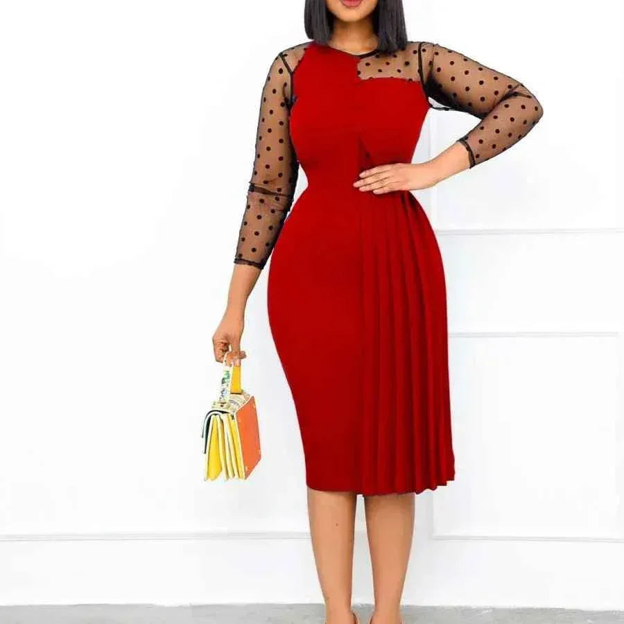 Fashion Mesh Splicing Slim Warp Hip Split Women Office Dress