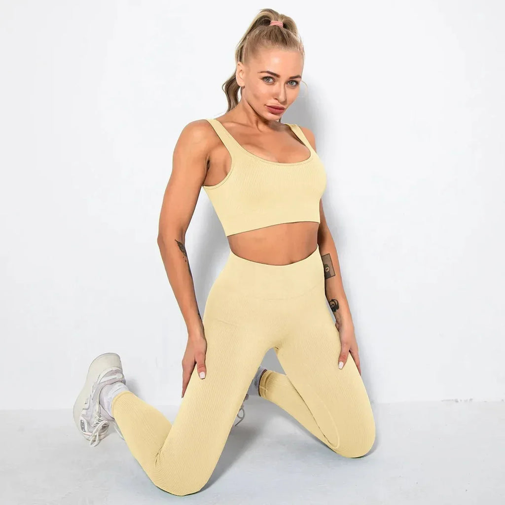 Summer Seamless Fitness Set - Sexy UV Neck Top With Leggings Activewear 2 Piece Women’s Gym Outfit