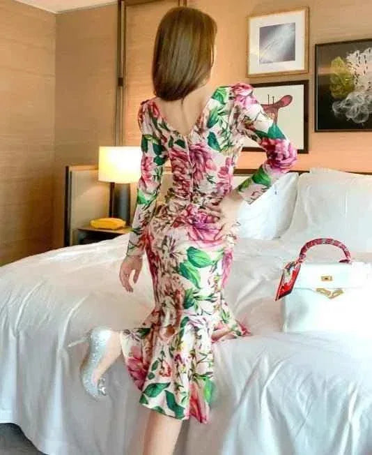 Spring Women's Retro Mid-Length Dress - Long Sleeve, Printed, Tight & Casual
