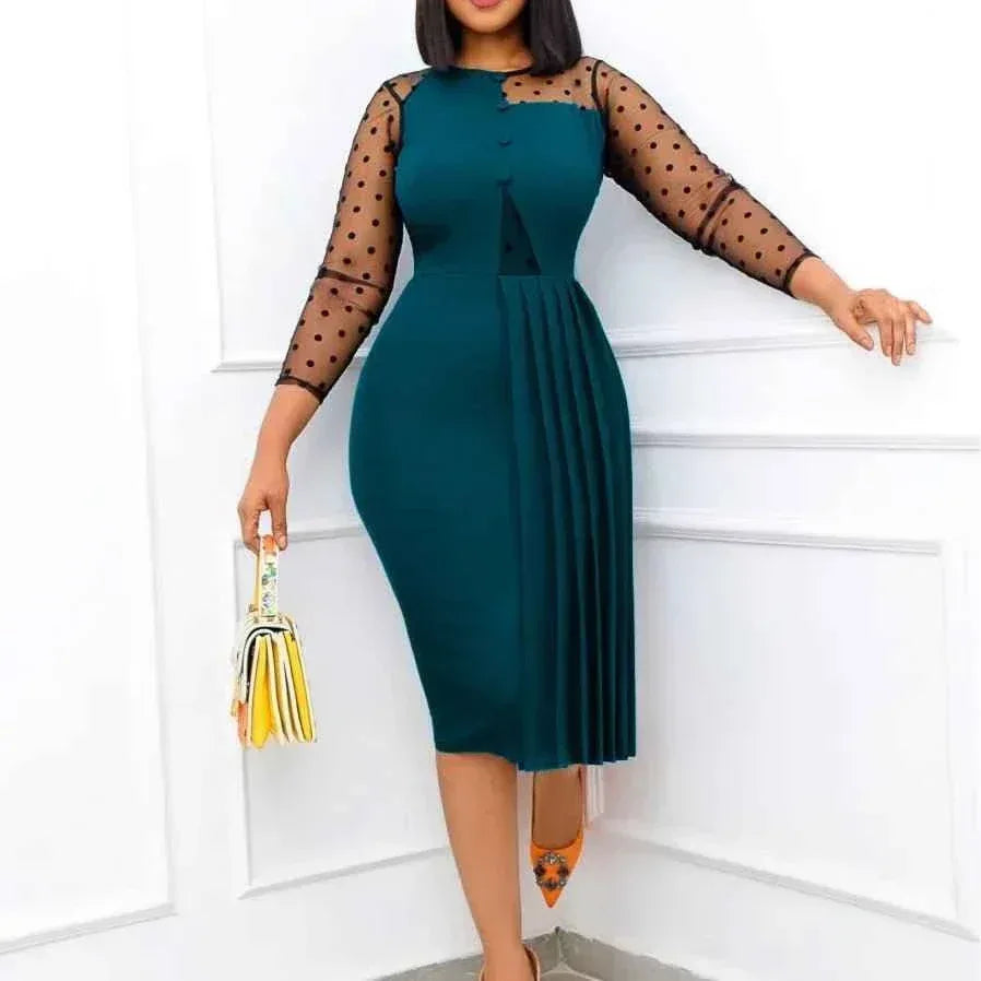 Fashion Mesh Splicing Slim Warp Hip Split Women Office Dress