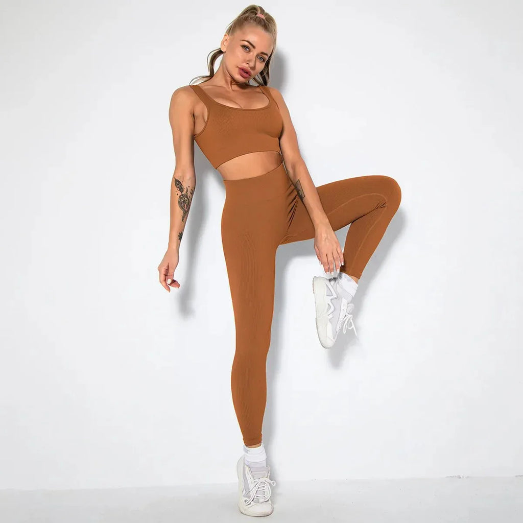 Summer Seamless Fitness Set - Sexy UV Neck Top With Leggings Activewear 2 Piece Women’s Gym Outfit