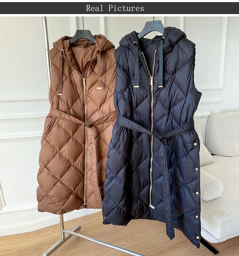 Luxury Women's Sleeveless down Vest Winter Warm Hooded Zipper Long Jacket with Belt Fashion Outerwear