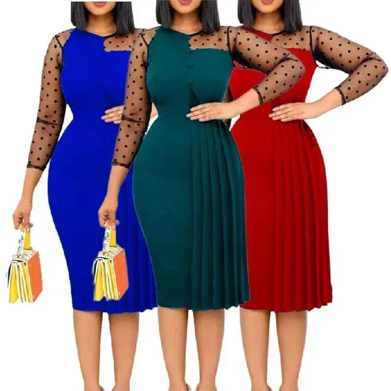 Fashion Mesh Splicing Slim Warp Hip Split Women Office Dress