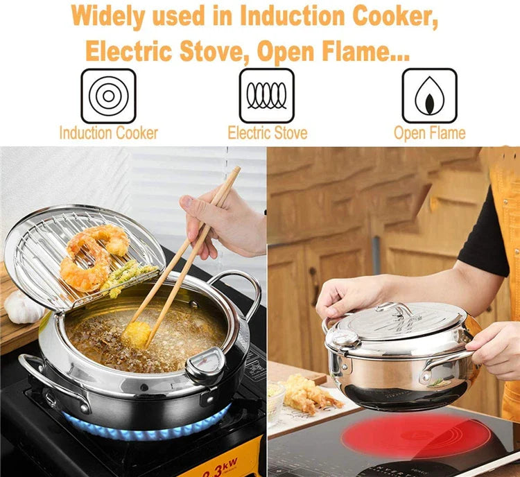 LMETJMA Japanese Deep Frying Pot with a Thermometer and a Lid 304 Stainless Steel Kitchen Tempura Fryer Pan 20 24 cm KC0405