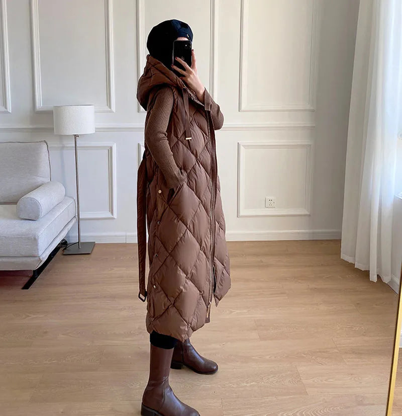 Luxury Women's Sleeveless down Vest Winter Warm Hooded Zipper Long Jacket with Belt Fashion Outerwear