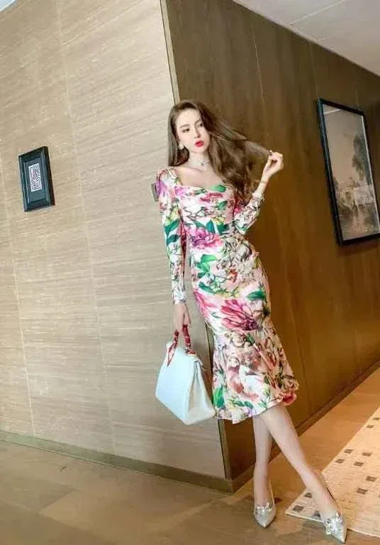 Spring Women's Retro Mid-Length Dress - Long Sleeve, Printed, Tight & Casual