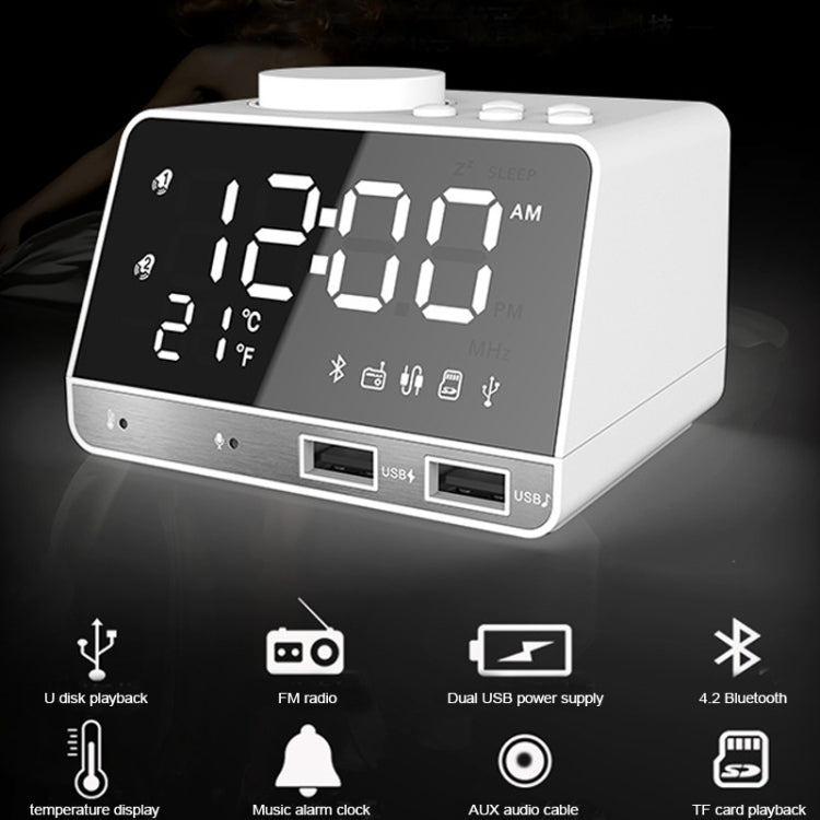 K11 Bluetooth Alarm Clock Speaker Creative Digital Music Clock Display Radio with Dual USB Interface, Support U Disk / TF Card / FM / AUX, UK Plug, UK Plug(Black), UK Plug(White)