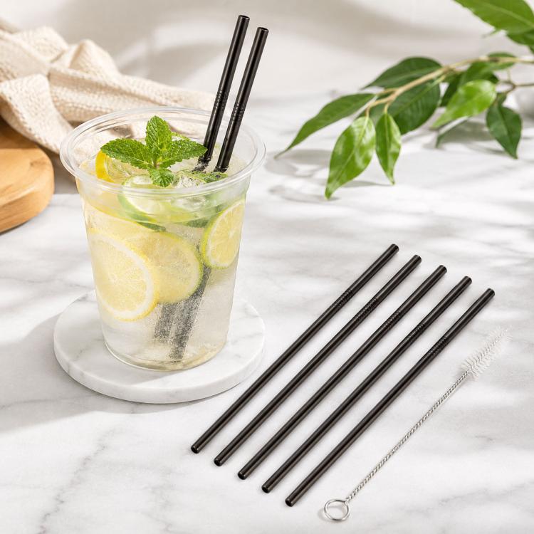 5pcs Reusable Stainless Steel Straight Drinking Straw + Cleaner Brush Set Kit,  215*8mm, 215*8mm (Straight)