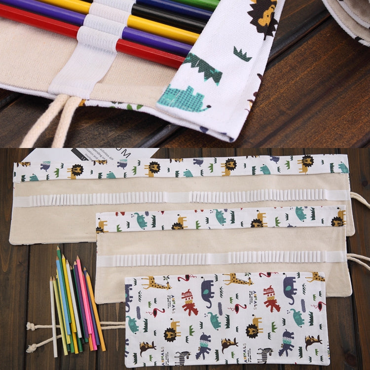 36 Slots Cartoon Animal Print Pen Bag Canvas Pencil Wrap Curtain Roll Up Pencil Case Stationery Pouch, 36 Slots