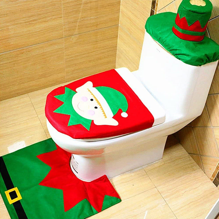 Fancy Christmas Decoration Happy Santa Elf Toilet Seat Cover Rug Bathroom Set, Elf