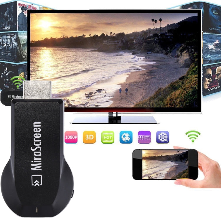 MiraScreen WiFi Display Dongle / Miracast Airplay DLNA Display Receiver Dongle Wireless Mirroring Screen Device with 2 in 1 USB Cable (Black)