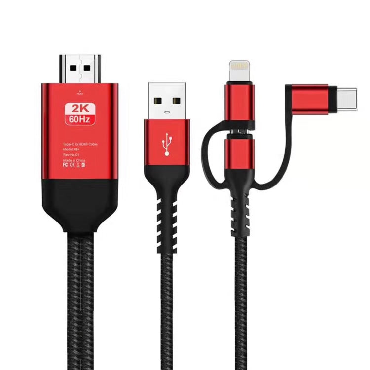 3 in 1 Micro USB + USB-C / Type-C + 8 Pin to HDMI HDTV Cable(Red)