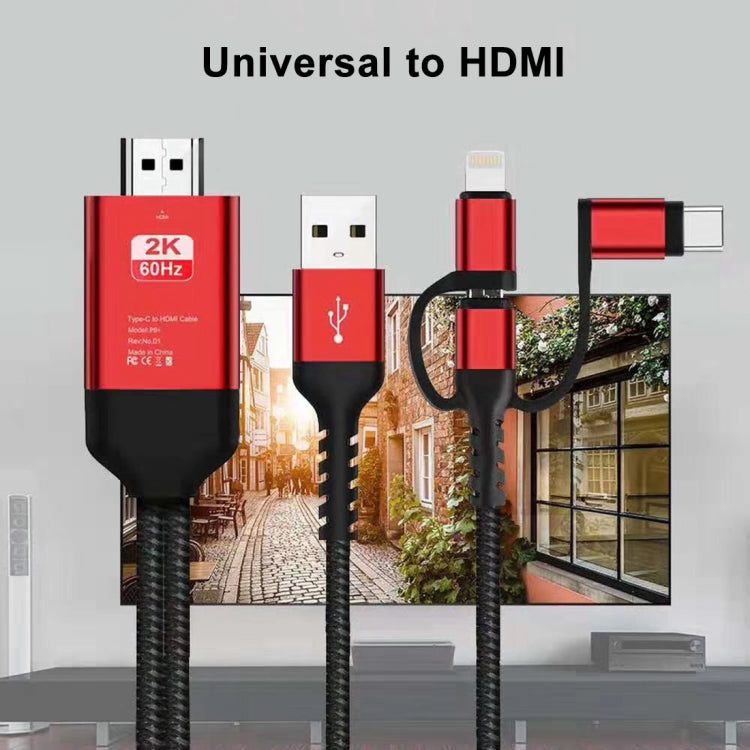 3 in 1 Micro USB + USB-C / Type-C + 8 Pin to HDMI HDTV Cable(Red)
