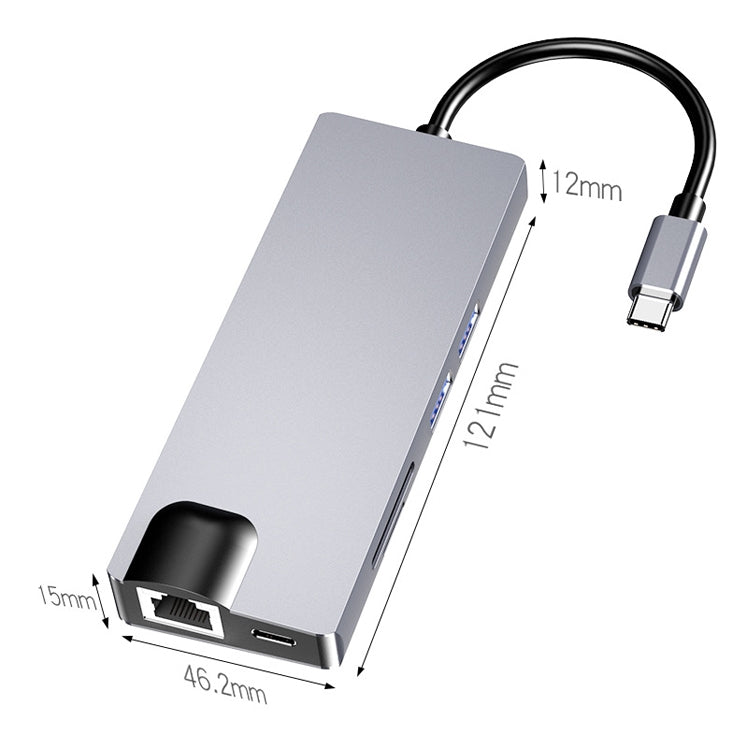HW-TC12 8 In 1 Type-C / USB-C Multifunctional Extension HUB Adapter Hdmi / Vga Hub Card Reader + Network Card