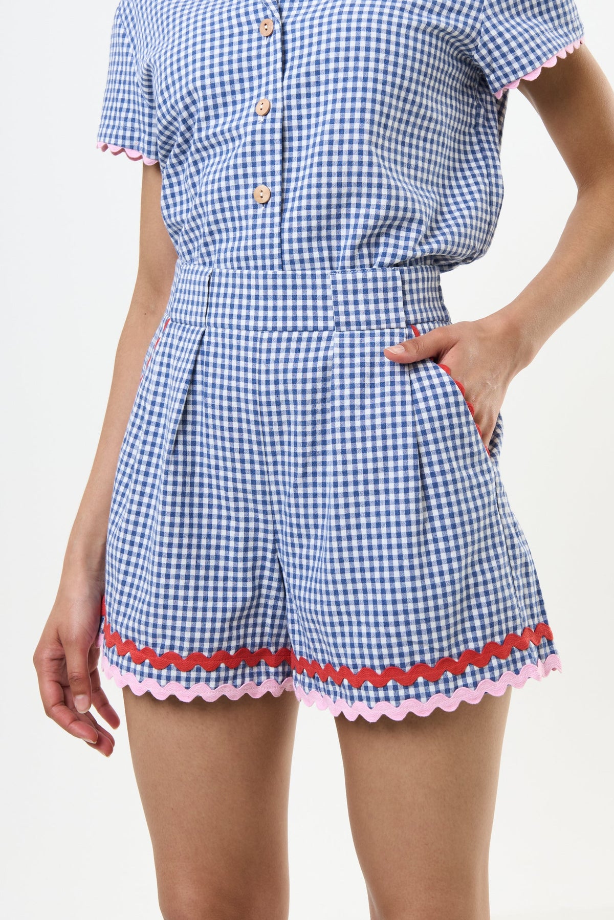 Hilton Gingham Ric Rac Trim Shorts - Blue